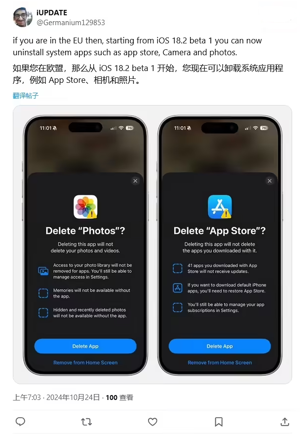 濮阳苹果手机维修分享iOS 18.2 支持删除 App Store 应用商店 