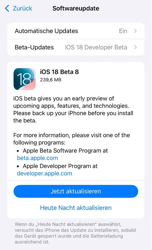 濮阳苹果手机维修分享苹果 iOS / iPadOS 18 开发者预览版 Beta 8 发布 